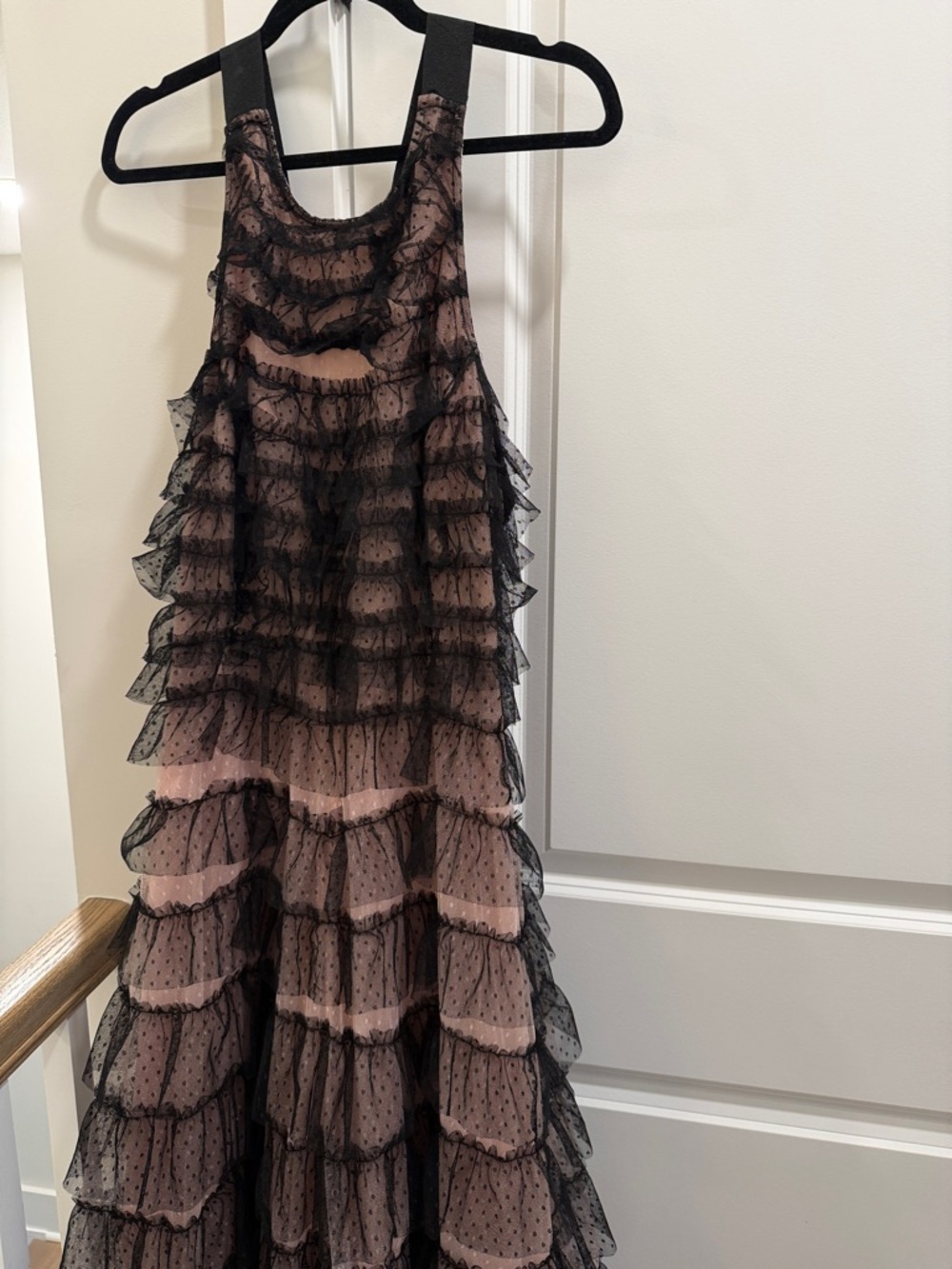 Anthropologie Black Lace Overlay Blush Maxi Dress